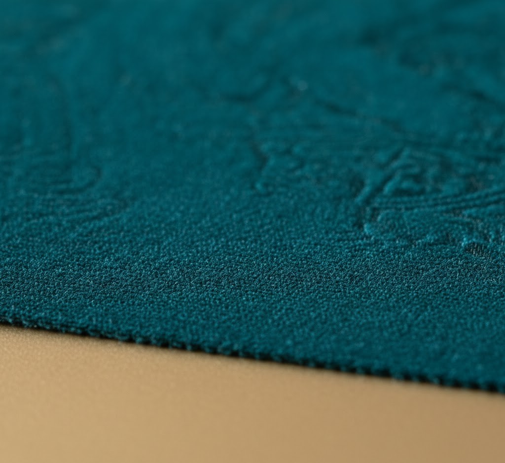 Decorative fabric sample in deep teal